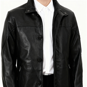 Veste en cuir personnalisée Doger <span class=keywords><strong>Manteau</strong></span> long pour <span class=keywords><strong>homme</strong></span> Col noir Veste en cuir <span class=keywords><strong>de</strong></span> moto à fermeture éclair à quatre poches Veste longue pour <span class=keywords><strong>homme</strong></span> - Product Image 4