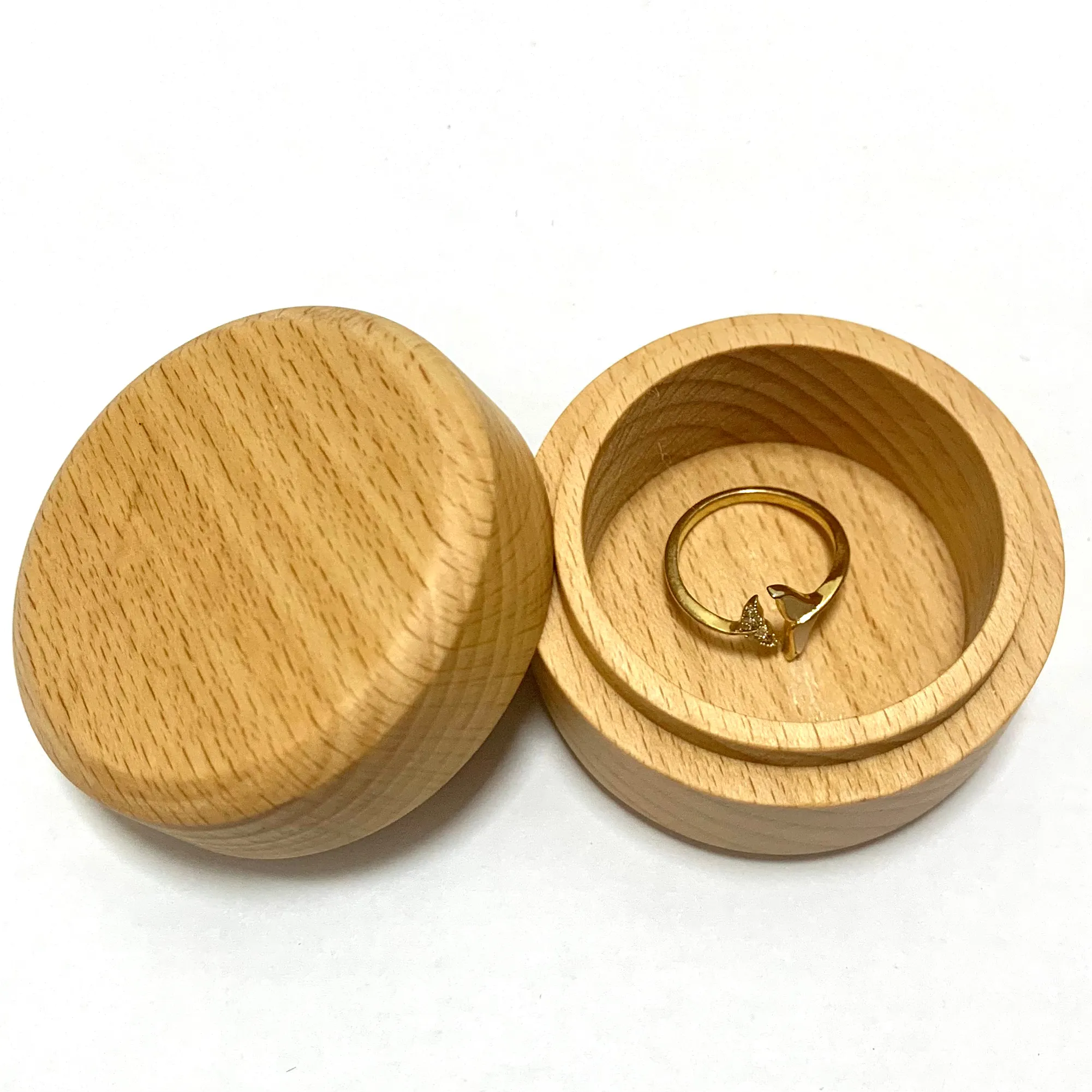 YUSHI-caja de almacenamiento de anillo de madera Natural, redonda, para boda, joyería decorativa