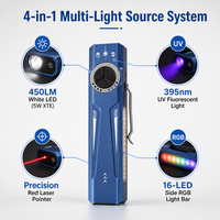 Utilisation en camping en plein air, 450LM, laser rouge, RGB, lumière UV 395nm, étanche, rechargeable, clip magnétique, lampe torche d'urgence, mini lampe torche EDC