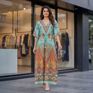 <b>Plus</b> <b>Size</b> Vintage Boho Maxi <b>Kaftan</b> Dress Floor-Length Loose Silhouette Batwing Sleeve Floral Printed Embroidered Organza - Product Image 1