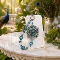 Funda de Teléfono de Lujo con Diseño de Pavo Real, Brillantina, Cristales, Pedrería, Cordón con Cuentas, Adorno de Plata Esmeralda Teal, Joyería Hecha a Mano al por Mayor