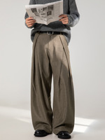 Pantalon habillé décontracté rétro tendance pour homme, plissé, texturé, coupe droite, poids moyen, long