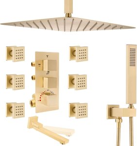 Sistema doccia con montaggio a soffitto a getto corporeo rubinetto doccia termostatico a 4 vie Set completo con 6 getti massaggianti per il corpo e rubinetto - Product Image 1
