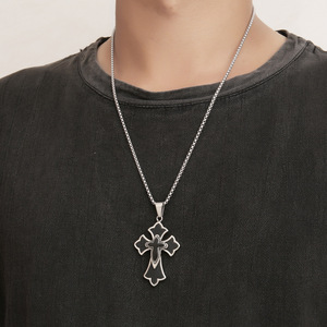 <b>Cross</b> Pendant Necklace Stainless Steel Black Enamel Geometric Design Men's Fashion Jewelry SP406 - Product Image 4