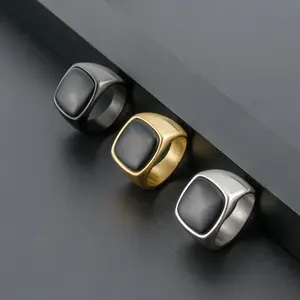 Zwarte Steen Vierkant Cut Ringen Voor Mannen Geometrische Rvs Sieraden Tiger Eye Edelsteen Ring Mens Verjaardagscadeau