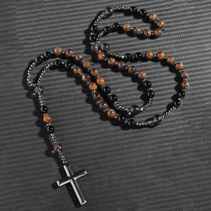 Collier <span class=keywords><strong>de</strong></span> prière catholique en perles <span class=keywords><strong>de</strong></span> pierre œil <span class=keywords><strong>de</strong></span> tigre naturelle <span class=keywords><strong>de</strong></span> 8 mm, perles nouées, pour femmes et hommes, pendentif croix en hématite, bijoux Mala - Product Image 3