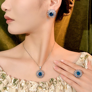 Ensemble de bijoux en zircon bleu de haute qualité, écologique, plaqué argent sur cuivre, coupe ronde 14MM-10MM, motif fleur, pour un look éblouissant - Product Image 2