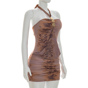 Viviblook D26DS084 Women Summer Sleeveless Dress Sexy New Print Retro Halter Bodycon Mini Dress - Product Image 3