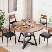 Table à manger ronde rustique avec pieds en métal en forme de X et étagère de rangement intégrée, table en bois imperméable pour la cuisine