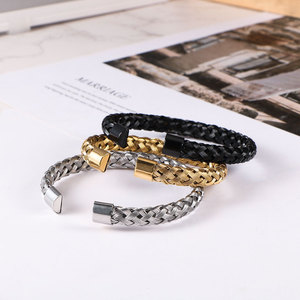 Brazalete Abierto de Alambre Trenzado de Acero Inoxidable, Joyería de Moda en Negro, Dorado y Plateado, CZ080 - Product Image 3