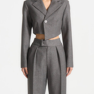 Women's Gray Wool Blend Two-Piece Suit <b>Set</b> With Notched Lapel Cropped <b>Blazer</b> And Wide Leg Pants Formal Wear Full Length - Product Image 3