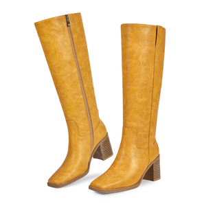 أحذية WETKISS OEM مربع إصبع القدم لراكبي الدراجات النارية أحذية عالية الركبة للسيدات بكتلة كعب المرأة أحذية طويلة صفراء - Product Image 3