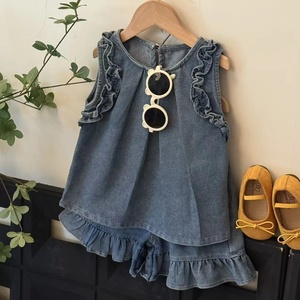 Ensemble deux pièces en jean sans manches style coréen pour petites filles, tenue d'été pour tous les jours - Product Image 3