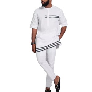 Nuovo Dashiki africano estate Set da uomo 2 pezzi vestito bianco moda africana da uomo abiti tradizionali <span class=keywords><strong>camicia</strong></span> a maniche corte con <span class=keywords><strong>pantaloni</strong></span> - Product Image 5