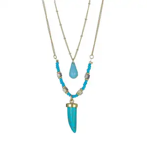 Natural Turquoise Stone Horn Necklace Double Layer Women's Bohemian Necklace