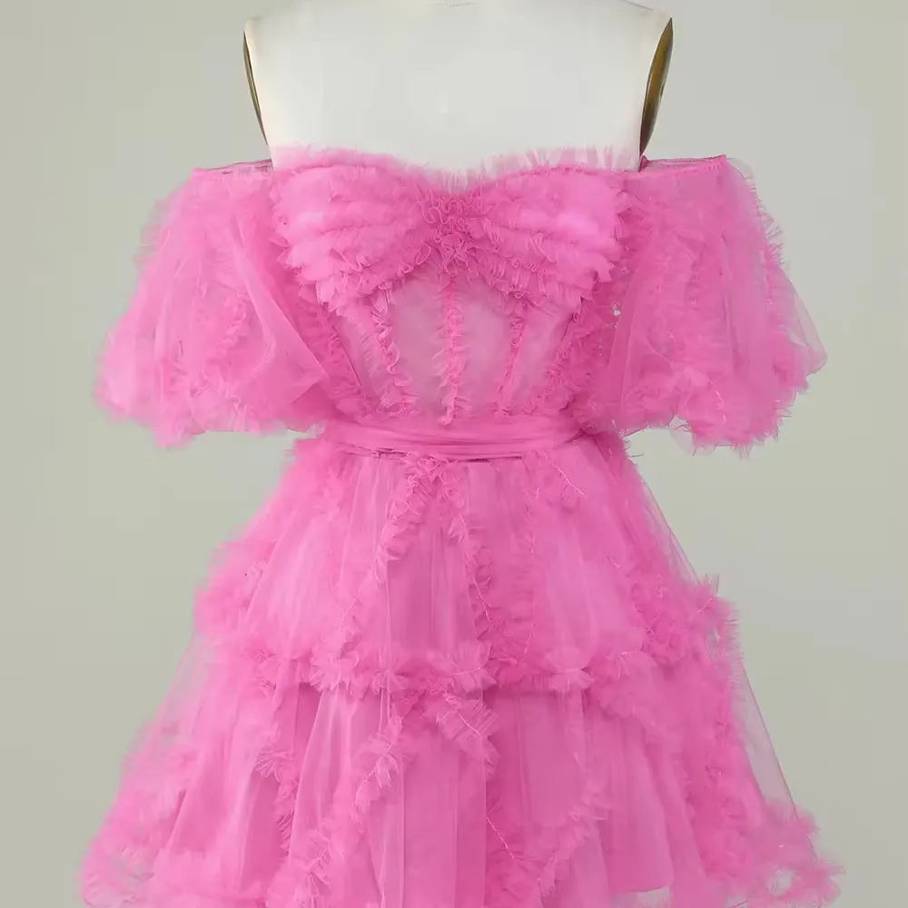 Cute A Line Ruched Off the Shoulder Pink Tulle Party Dress See Through Mini Homecoming Dress with Bubble Sleeves