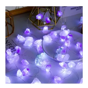 Guirnalda de luces de cristal para decoración de habitación, cadena de luces de color rosa transparente con piedra en bruto para fiesta