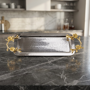 Floral Handle <b>Serving</b> <b>Tray</b> Polished Metal Rectangular Decorative <b>Tray</b> Residential Use - Product Image 2