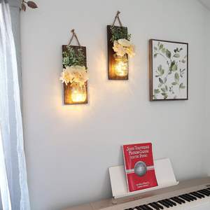 Décoration murale Décoration murale rustique en bois avec guirlande lumineuse LED pour salon et chambre à coucher modernes Minuterie 6 heures Lot de 2 gris - Product Image 2