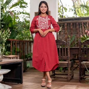 Vestido Midi Elegante de Lino con Bordado Floral y Dobladillo Curvo, Rojo, Duradero y de Primera Calidad, al por Mayor - Product Image 5