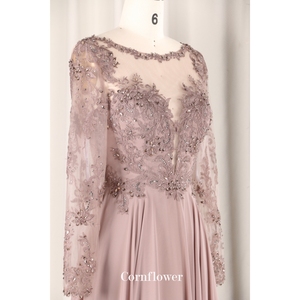 妈妈新娘现代咖啡色雪纺裙加大码长袖全背勺领刺绣串珠亮片晚装 - Product Image 5