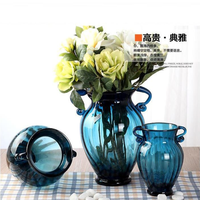 Vase de table en verre bleu floral nordique moderne et créatif, de luxe, à deux poignées, pour la décoration intérieure, les mariages, les fêtes, le bureau, petit vase hydroponique