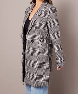 Manteau décontracté noir à carreaux, double boutonnage, en tricot, mélange polyester et laine, manches longues, anti-plis, coupe-vent - Product Image 5