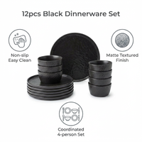 Service de table 4 personnes en porcelaine noir mat écologique – Assiettes et bols martelés classiques avec ustensiles pour cuisine et salle à manger
