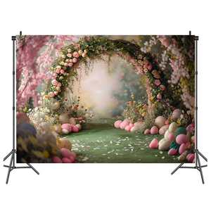 Spring Easter Decoration 2024 <strong>Background</strong> for Photography Kids Birthday Party Rabbits Eggs Arch Door Flower Backdrops - Product Image 1