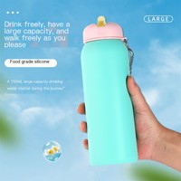 Bouteille d'eau pliante en silicone liquide sans BPA pour les sports de plein air, la salle de sport et les voyages avec couvercle en plastique avec design de logo, paille pour boire