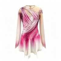 Costume de patinage artistique à manches longues pour enfants et adultes, robe en maille dégradée rose et blanc avec strass pour spectacle sur glace et compétition