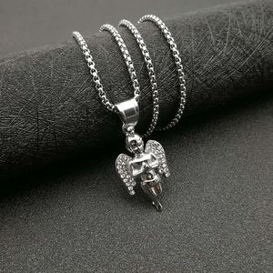 Collier pendentif ange hip-hop en acier inoxydable plaqué or avec ailes serties pavé, bijou unisexe, cadeau - Product Image 5