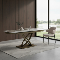 Ensemble de table à manger rectangulaire rétractable en céramique avec base dorée, style moderne et luxueux