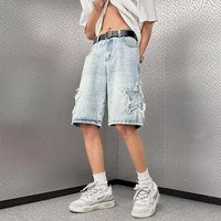 Shorts en jean tissé mi-nylon et coton coupe droite pour homme, style décontracté, délavé clair, vintage, style américain, ambiance urbaine, 300g