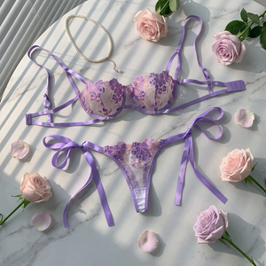 Women's Purple Floral Embroidery Lace Bra and Thong <b>Set</b> Semi Sheer Underwire Lingerie <b>Set</b> <b>Sexy</b> Two Piece Underwear <b>Set</b> - Product Image 4