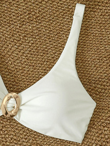 Ensemble bikini 2 pièces blanc pour femme, col en V, bretelles larges, anneau métallique doré, coupe haute, en Spandex/Polyester - Product Image 5