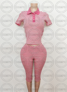 Clothing Manufacturers for Women Cotton Knit Strips 2 Pieces Set Crop <strong>T</strong> <strong>Shirt</strong> With Button and Capri Skinny Loungewear Women Set - Product Image 6