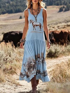 Womens Western Vintage Horse Print Sleeveless Tiered Flowy <strong>Maxi</strong> <strong>Dress</strong> Bulk Wholesale Casual Cowgirl Daily Wear Tank <strong>Dress</strong> - Product Image 2