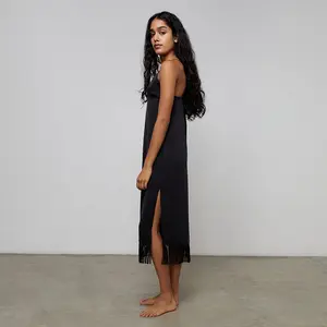 Camisola longa de seda com fenda, moda verão, feminina, de cetim, decote em v, borlas, vestidos de noite para mulheres