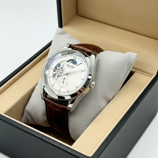 WOJTEK Men's Luxury Business Watch Automatic Skeleton Watch Moon Phase Mechanical Movement Watch