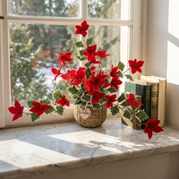Künstlicher Weihnachtsstern und Stechpalmen-Buschstrauß, rote Seiden-Weihnachtsblumen, Blumenstiele, Weihnachtskranz, Baum- und Heimdekoration für die Feiertage