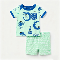 Zwemset voor peutermeisjes met piraten-zeedierenprint, korte mouwen, rashguard, golfprint, elastische shorts met trekkoord