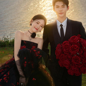 Strapless Black Ball Gown Tulle Floral Print Wedding Dress For Evening Banquet Stage Performance Emcee - Product Image 5