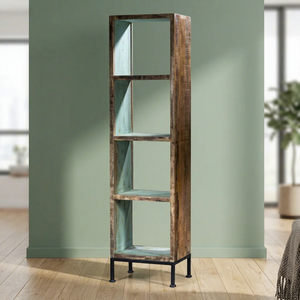 Rustic <b>Wooden</b> Iron 4 Cube <b>Rack</b> with Open Shelves and Reclaimed Finish for Living Room <b>Storage</b> - Product Image 1