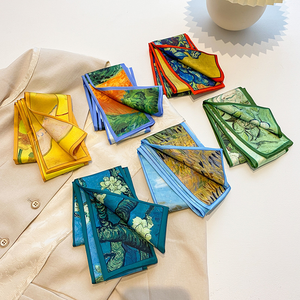 Pañuelo largo <span class=keywords><strong>de</strong></span> satén con estampado <span class=keywords><strong>de</strong></span> rosas y girasoles estilo pintura al óleo, 90 cm, para mujer, cinta decorativa artística para el cabello y la cintura del cuello - Product Image 1