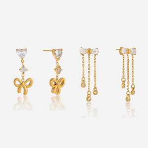 Bowknot Drop <b>Earrings</b> <b>Gold</b> Plated Zircon Stainless Steel Party Jewelry Fashion <b>Dangle</b> <b>Earrings</b> - Product Image 1