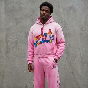 Conjunto deportivo rosa con pedrería, sudadera con capucha y cremallera, pantalones jogger bordados, ropa informal unisex - Product Image 2