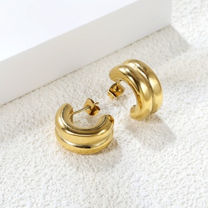 Boucles d'oreilles créoles épaisses en acier inoxydable, plaquées or 18 carats, bicolores, résistantes au ternissement, bijoux tendance - Product Image 5