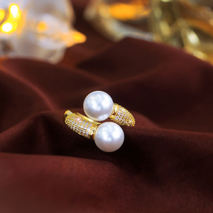 Anelli Regolabili con Doppia Grande Perla e Zirconi Cubici Brillanti per Donne, Gioielli per Feste, Fidanzamento, Anniversario e Matrimonio - Product Image 4