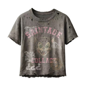 仿旧t恤制造商定制复古水洗t恤磨损下摆破坏细节 - Product Image 1